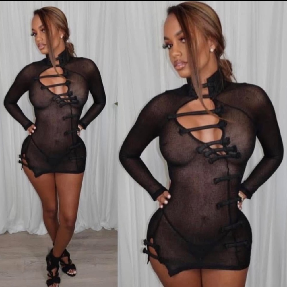 Black Mesh Fishnet Lace-Up Mini Dress